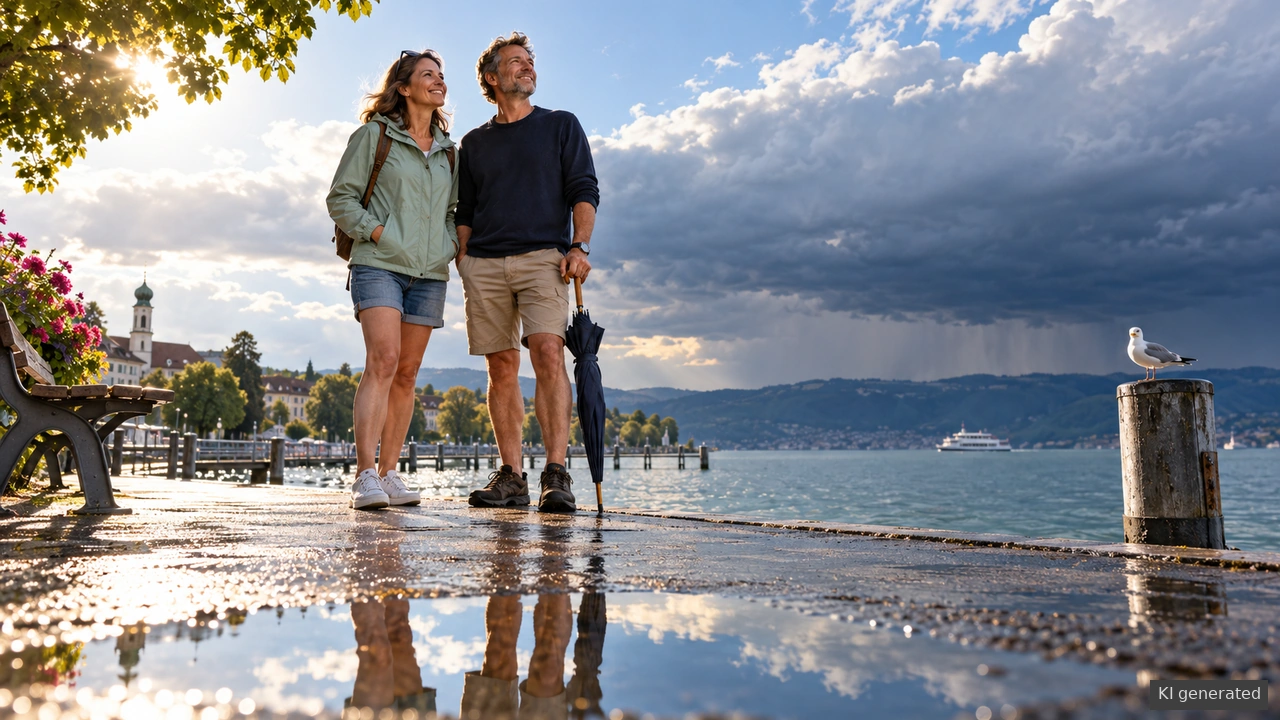 Ein Paar steht am Bodenseeufer: Sonnenbrille und leichte Regenjacke gehören gleichzeitig zum Ausflug.